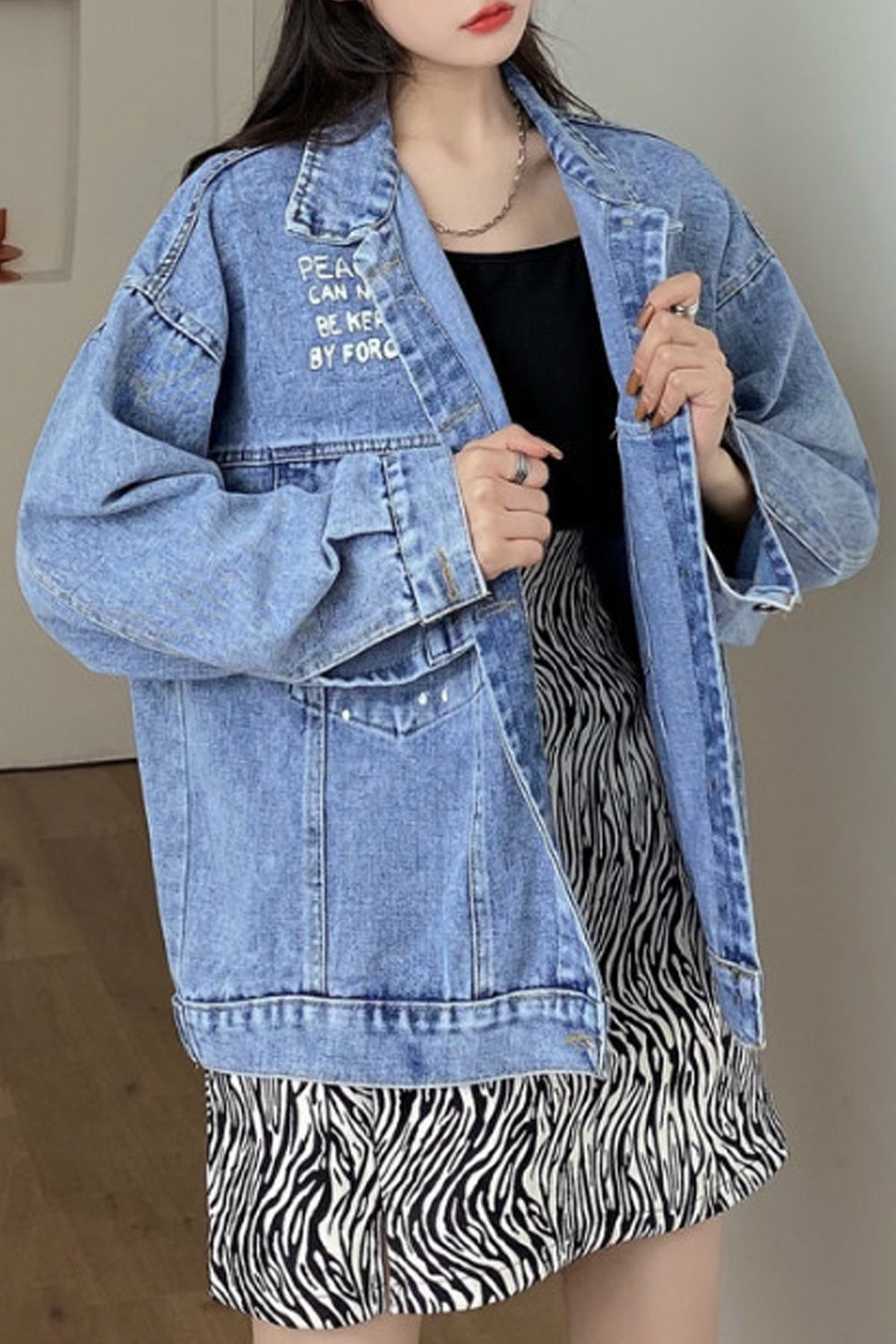 Women Stylish Letter Printed Mid Length Magnificent Classy Breathable Denim jacket