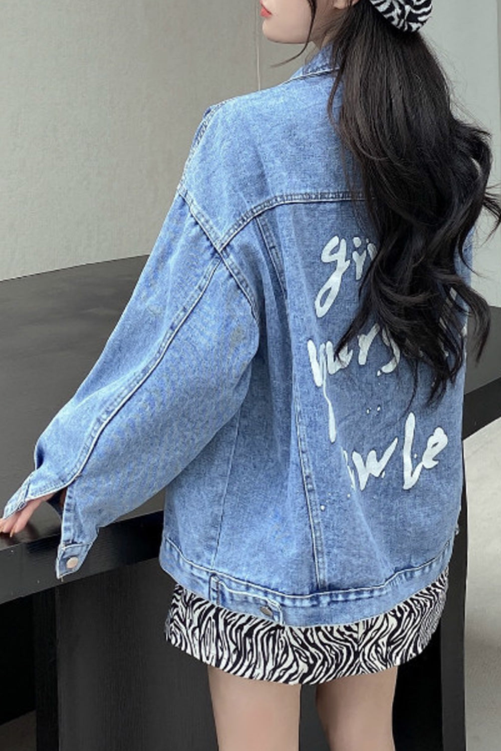 Women Stylish Letter Printed Mid Length Magnificent Classy Breathable Denim jacket