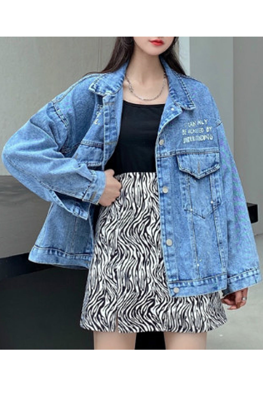 Women Stylish Letter Printed Mid Length Magnificent Classy Breathable Denim jacket