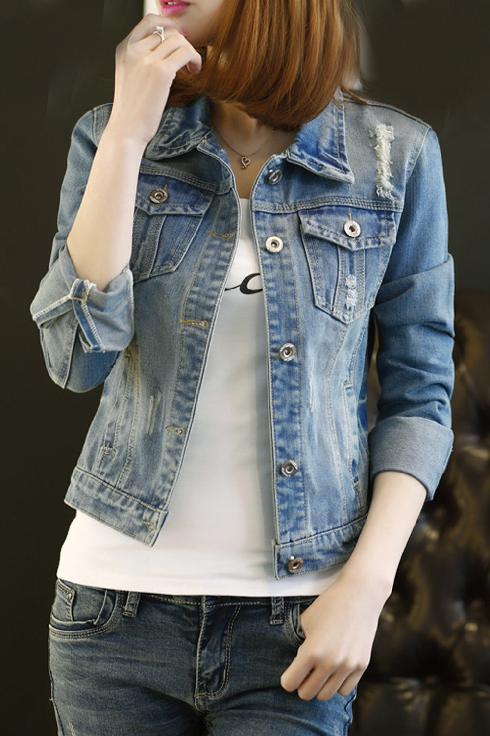Women Ripped Style Pretty Outing Long Sleeve Wind Breaker Denim Jacket