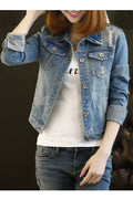 Women Ripped Style Pretty Outing Long Sleeve Wind Breaker Denim Jacket