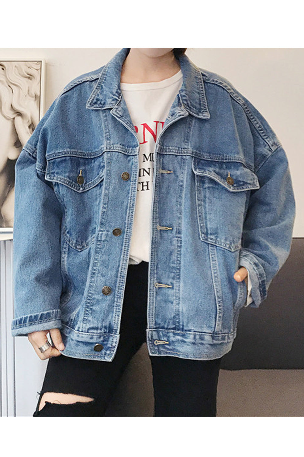 Women Modern Loose Breathable Long Sleeve Superb Collar Neck Fabulous Classy Denim Jacket