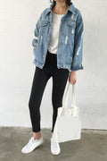 Women Ripped Style Long Sleeve Loose Collar Neck Modern Button Closure Denim Jacket