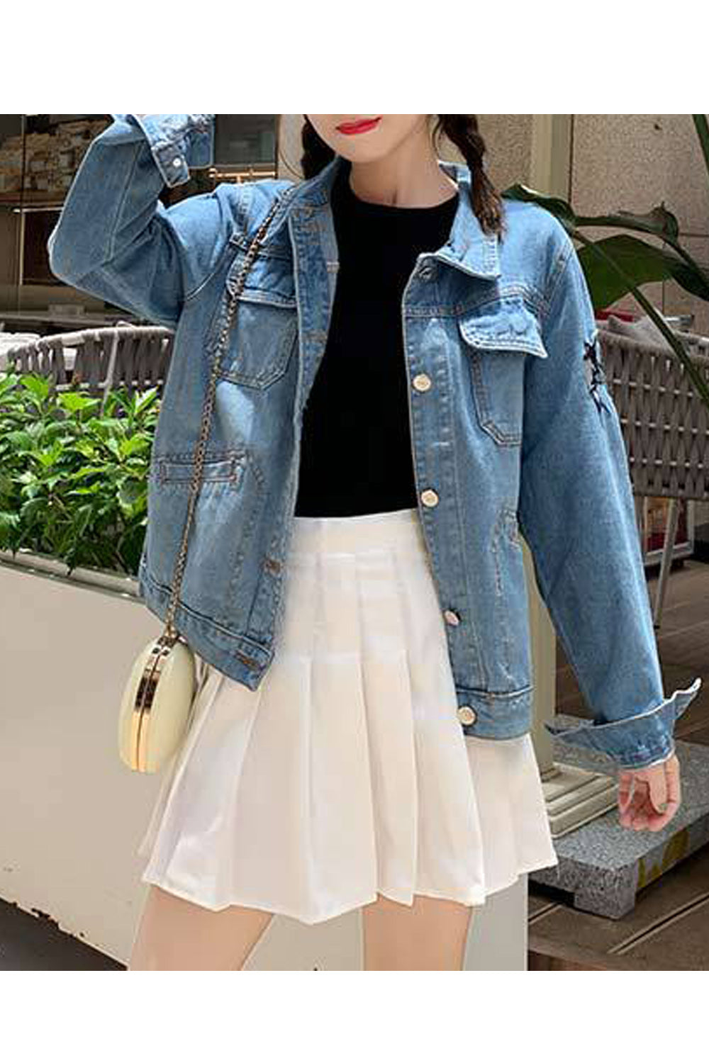 Women Stylish Embroidery Long Sleeve Awesome Collar Neck Denim Jacket