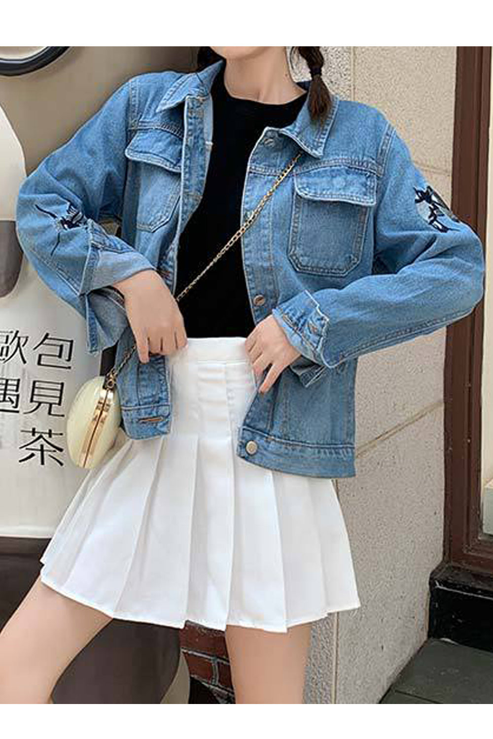 Women Stylish Embroidery Long Sleeve Awesome Collar Neck Denim Jacket