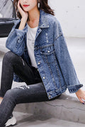 Women Letter Printed Loose Long Sleeve Magnificent Tremendous Denim Jacket
