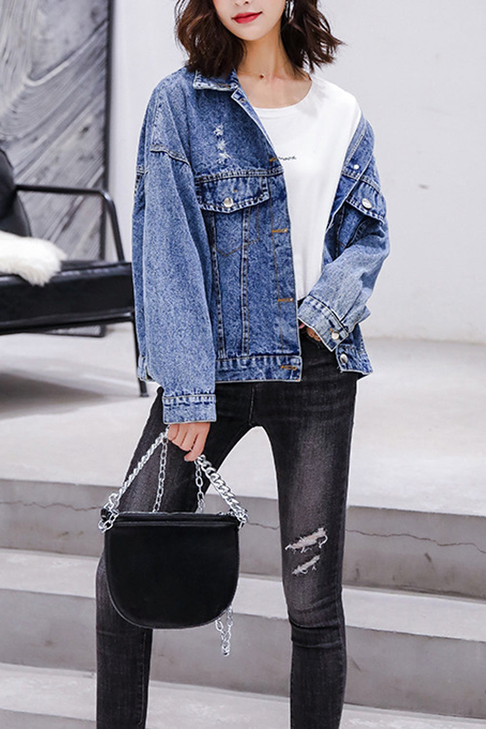 Women Letter Printed Loose Long Sleeve Magnificent Tremendous Denim Jacket