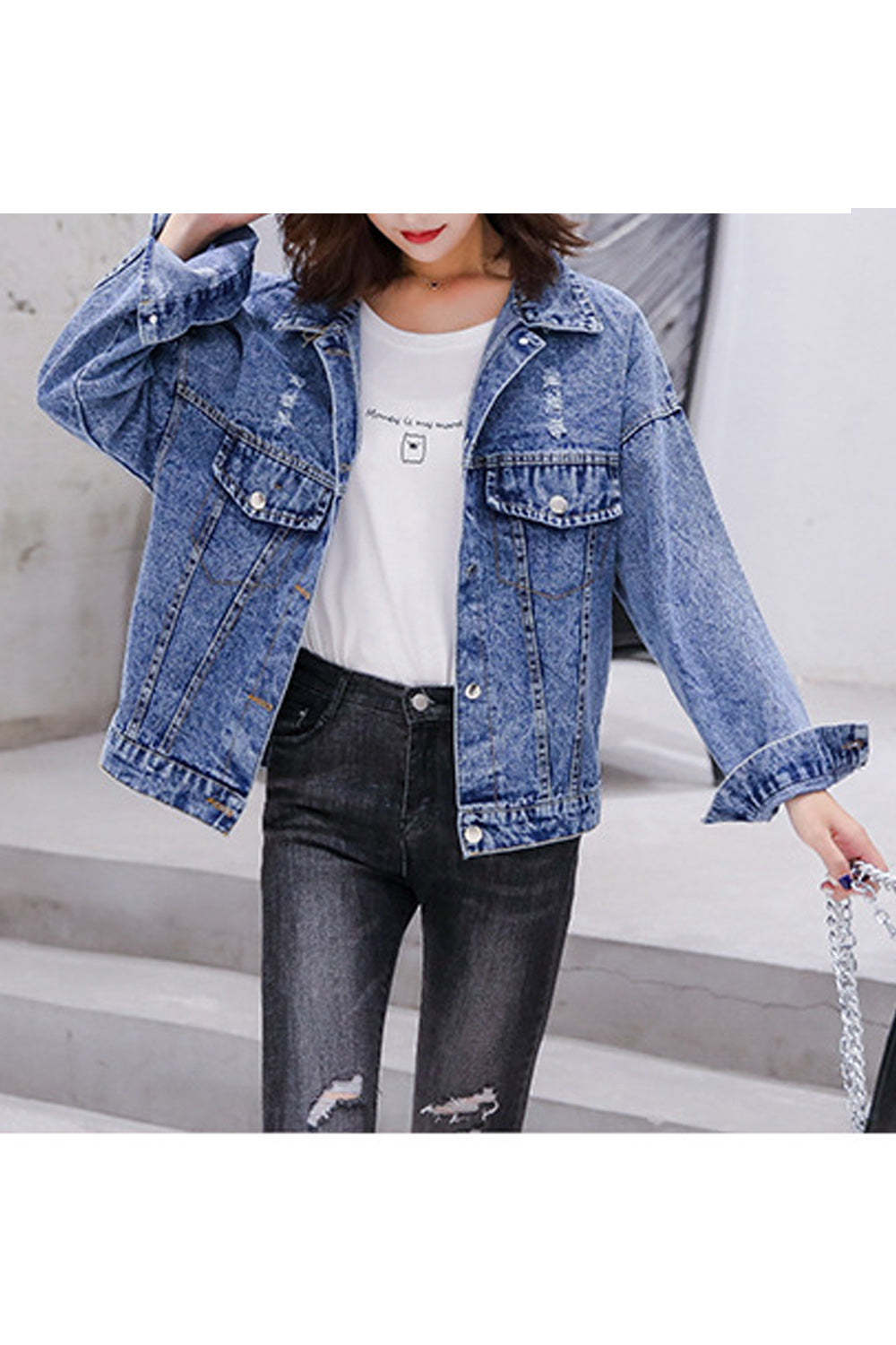 Women Letter Printed Loose Long Sleeve Magnificent Tremendous Denim Jacket
