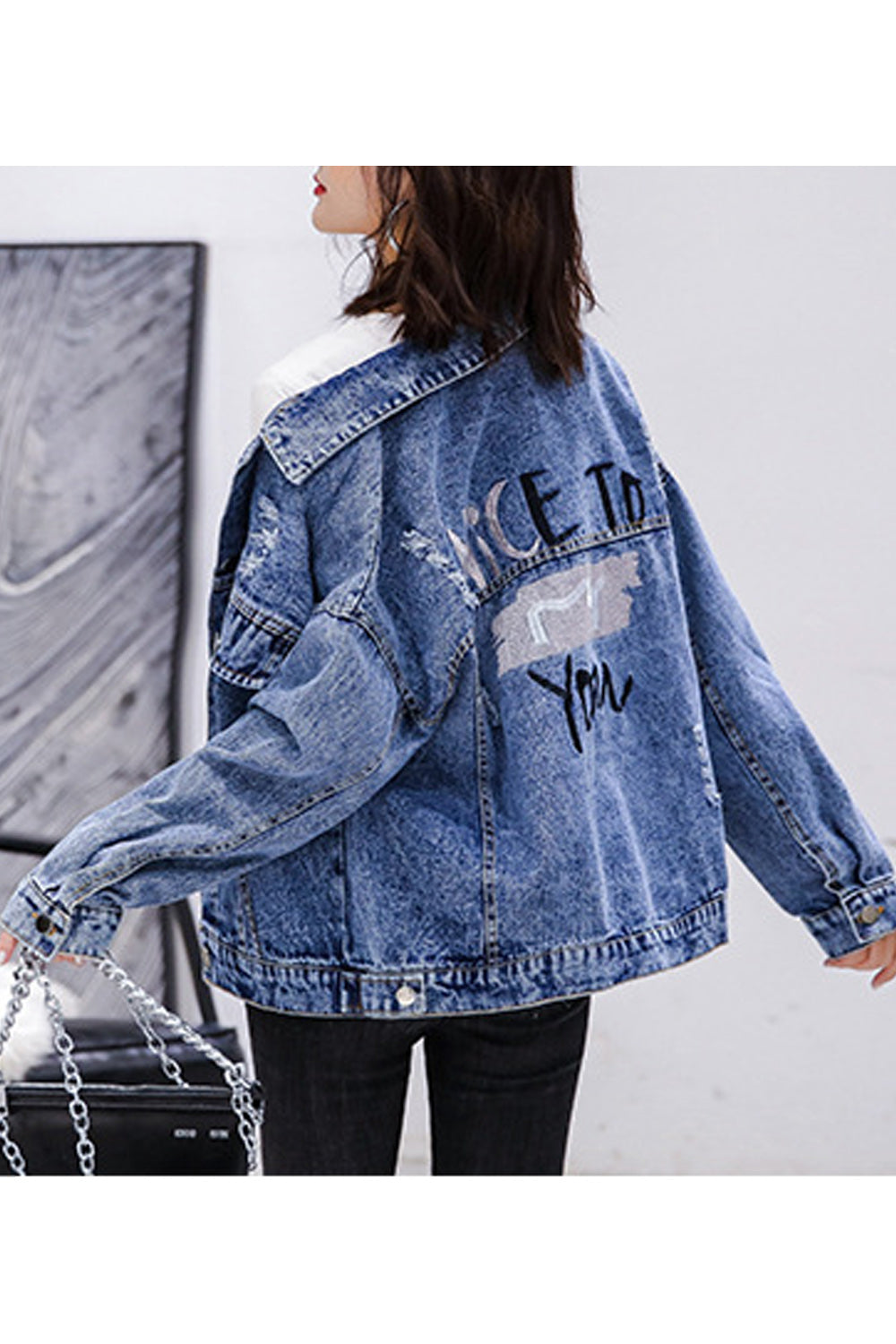 Women Letter Printed Loose Long Sleeve Magnificent Tremendous Denim Jacket