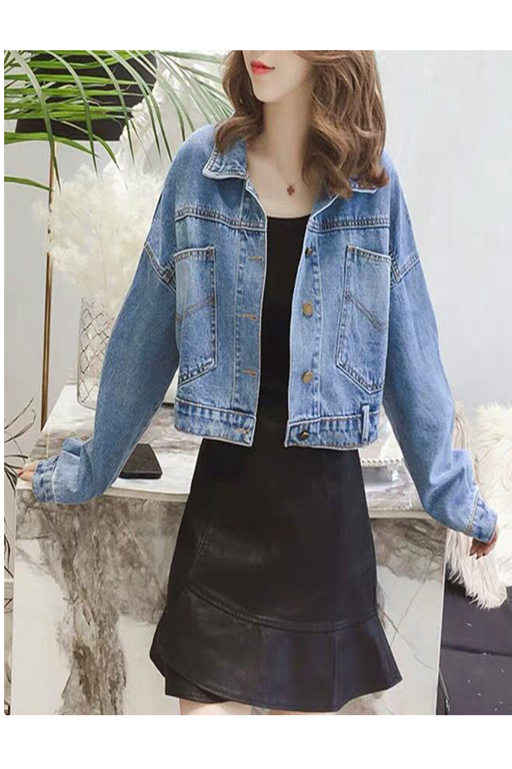 Women Beautiful Pocket Styling Loose Long Sleeve Elegant Winter Denim Jacket