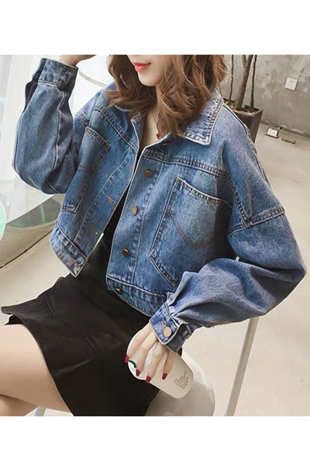Women Beautiful Pocket Styling Loose Long Sleeve Elegant Winter Denim Jacket