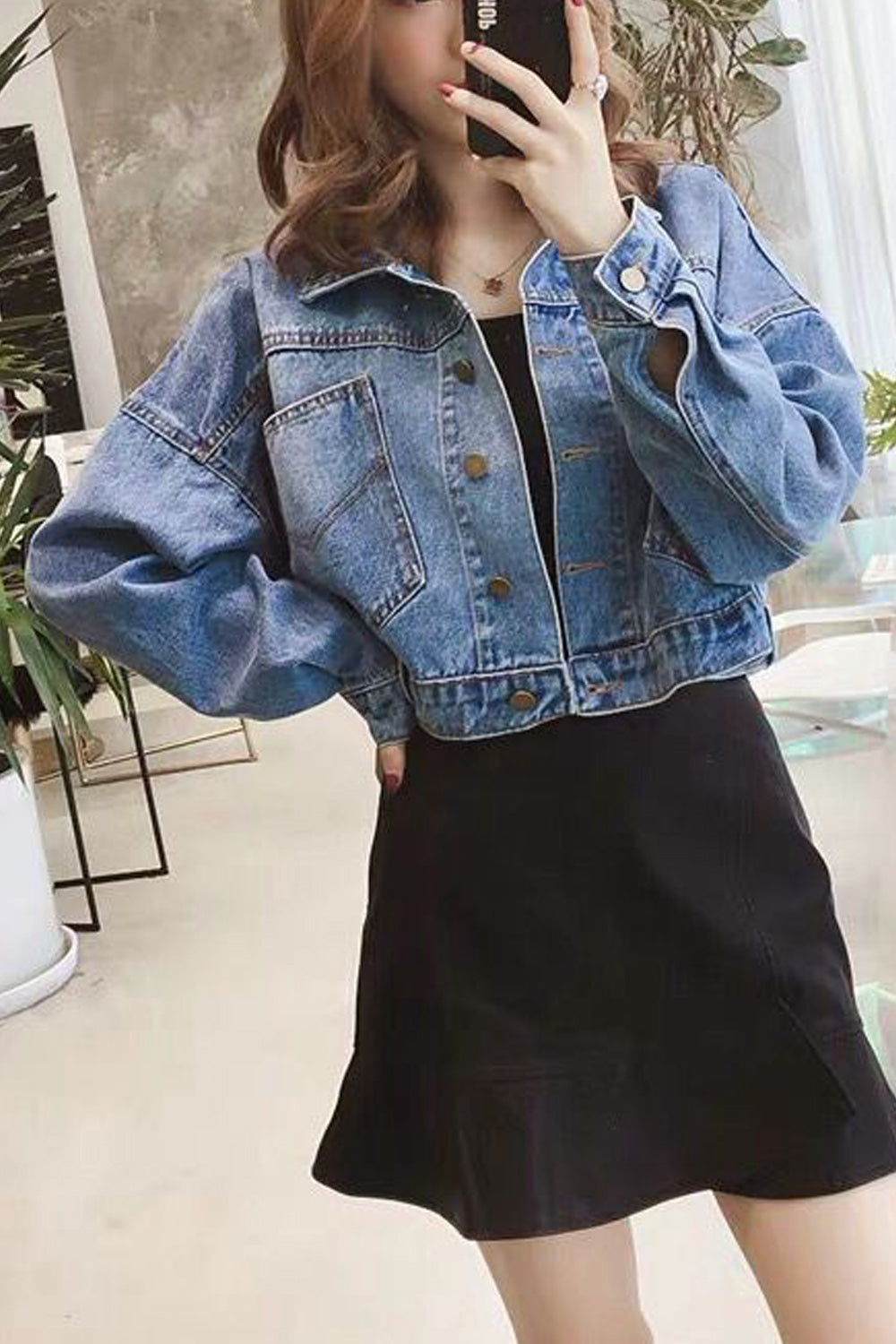 Women Beautiful Pocket Styling Loose Long Sleeve Elegant Winter Denim Jacket