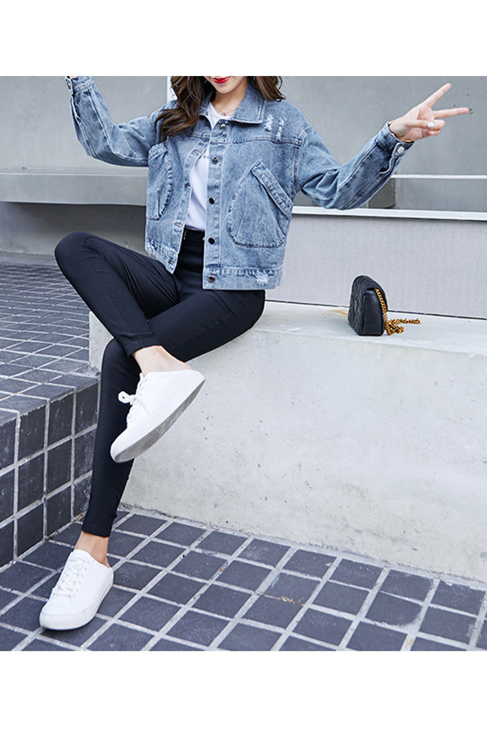 Women Elegant Solid Pattern Breathable Long Sleeve Tremendous Denim Jacket