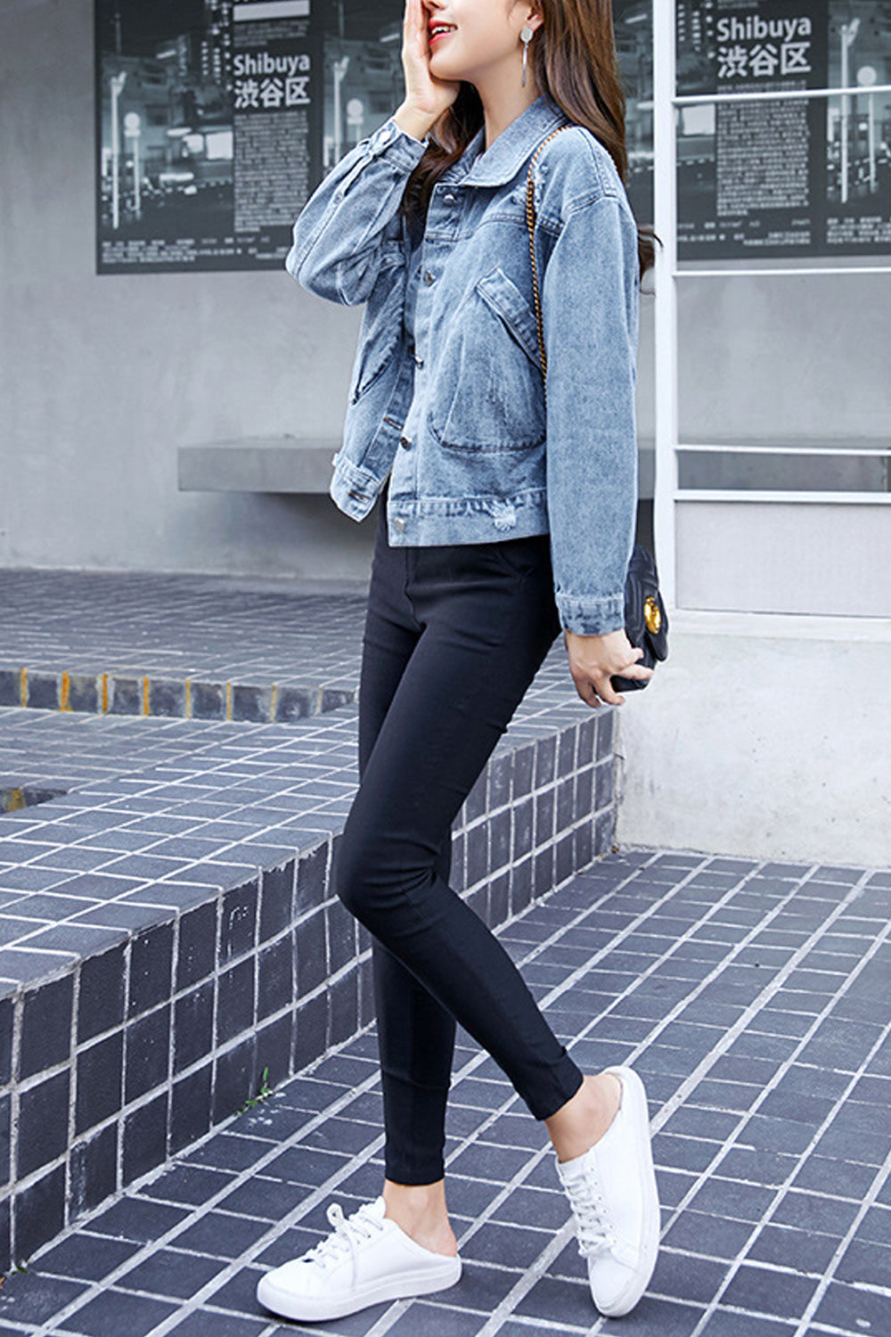 Women Elegant Solid Pattern Breathable Long Sleeve Tremendous Denim Jacket