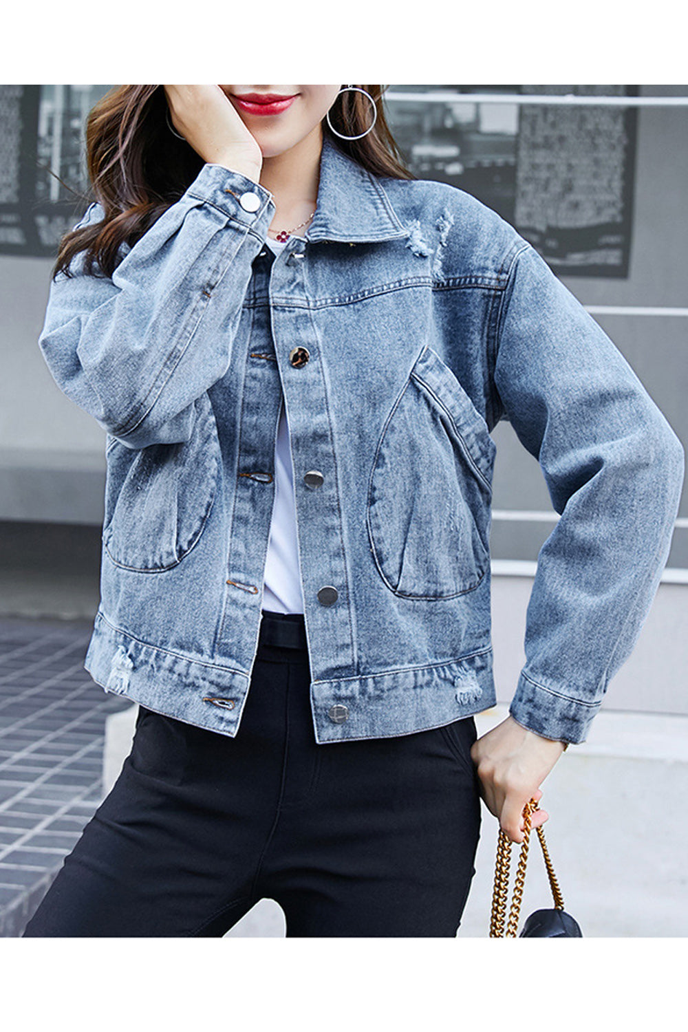 Women Elegant Solid Pattern Breathable Long Sleeve Tremendous Denim Jacket