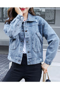 Women Elegant Solid Pattern Breathable Long Sleeve Tremendous Denim Jacket