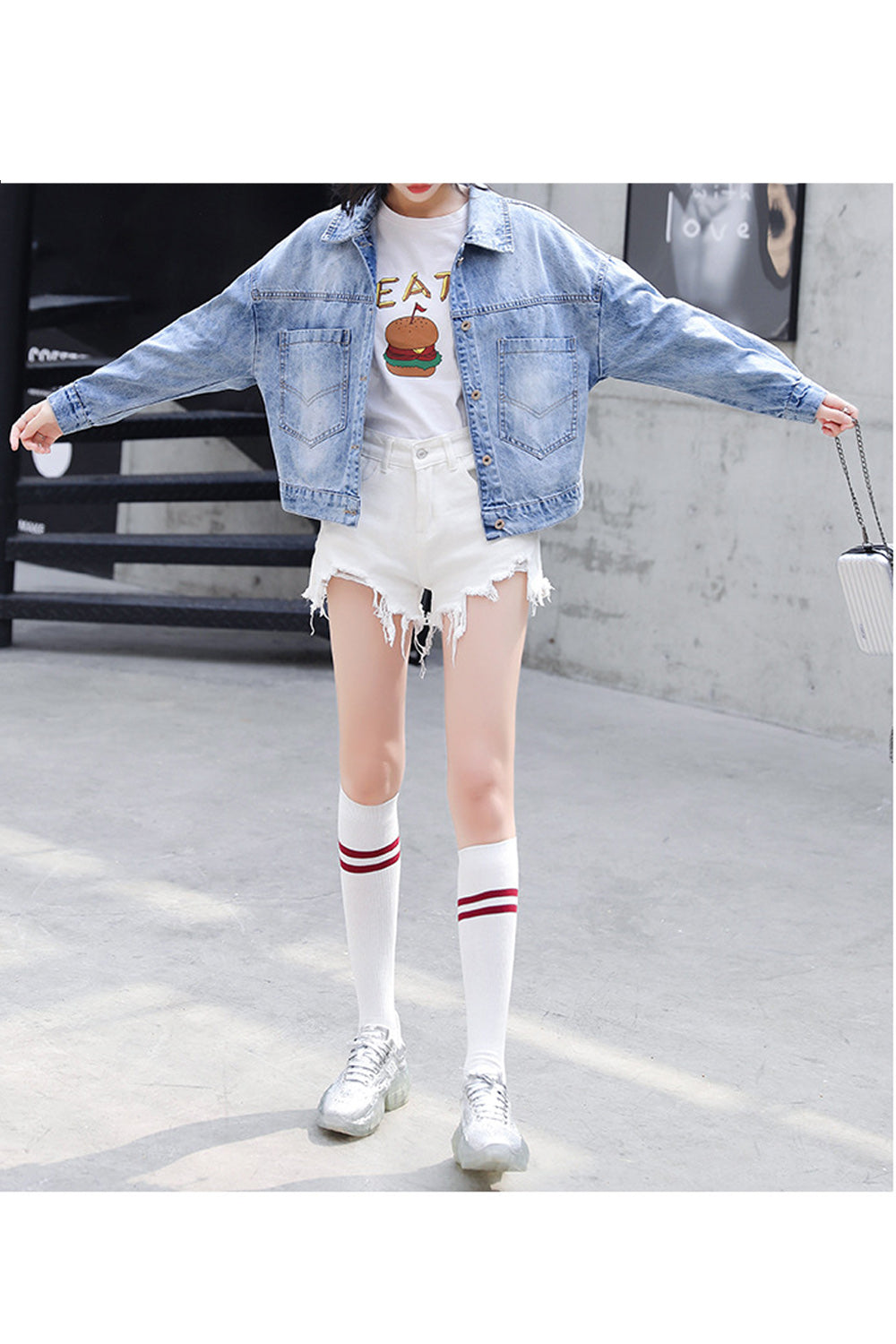 Women Letter Printed Long Sleeve Awesome Collar Neck Breathable Warm Denim Jacket