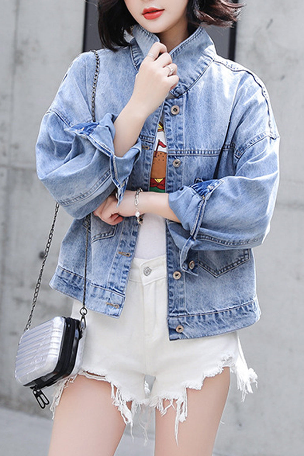 Women Letter Printed Long Sleeve Awesome Collar Neck Breathable Warm Denim Jacket
