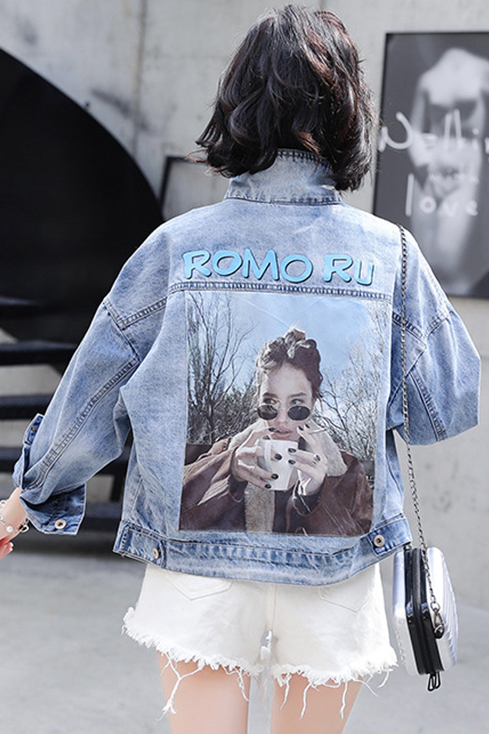 Women Letter Printed Long Sleeve Awesome Collar Neck Breathable Warm Denim Jacket