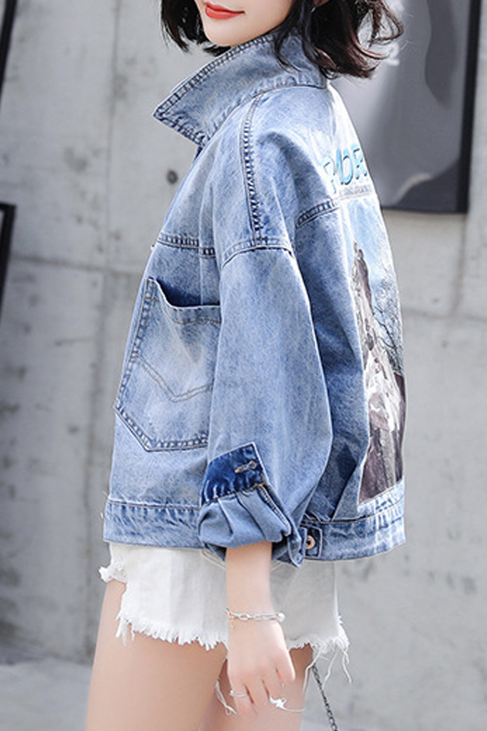 Women Letter Printed Long Sleeve Awesome Collar Neck Breathable Warm Denim Jacket