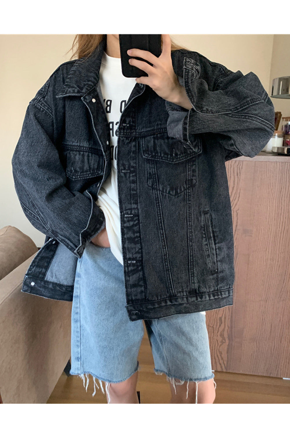 Women Ventilated Solid Pattern Loose Long Sleeve Elegant Denim Jacket