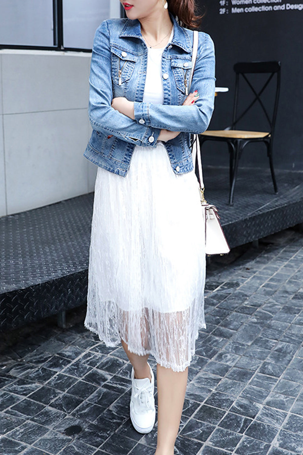Women Slim Fit Long Sleeve Modern Printed Pattern Lovely Denim Jacket