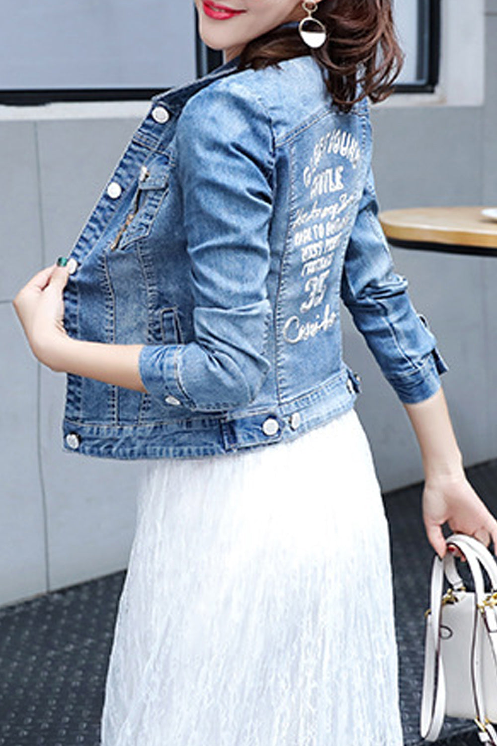 Women Slim Fit Long Sleeve Modern Printed Pattern Lovely Denim Jacket