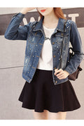 Women Cute Small Beads Decorated Long Sleeve Comfortable Collar Neck Classy Denim Jacket