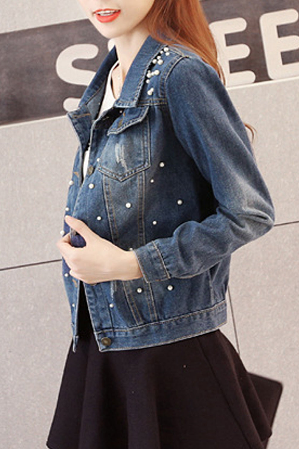 Women Cute Small Beads Decorated Long Sleeve Comfortable Collar Neck Classy Denim Jacket