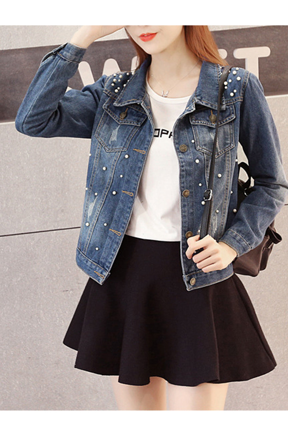 Women Cute Small Beads Decorated Long Sleeve Comfortable Collar Neck Classy Denim Jacket