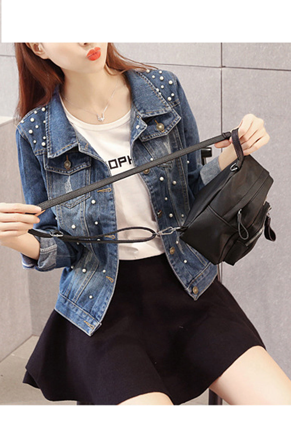 Women Cute Small Beads Decorated Long Sleeve Comfortable Collar Neck Classy Denim Jacket