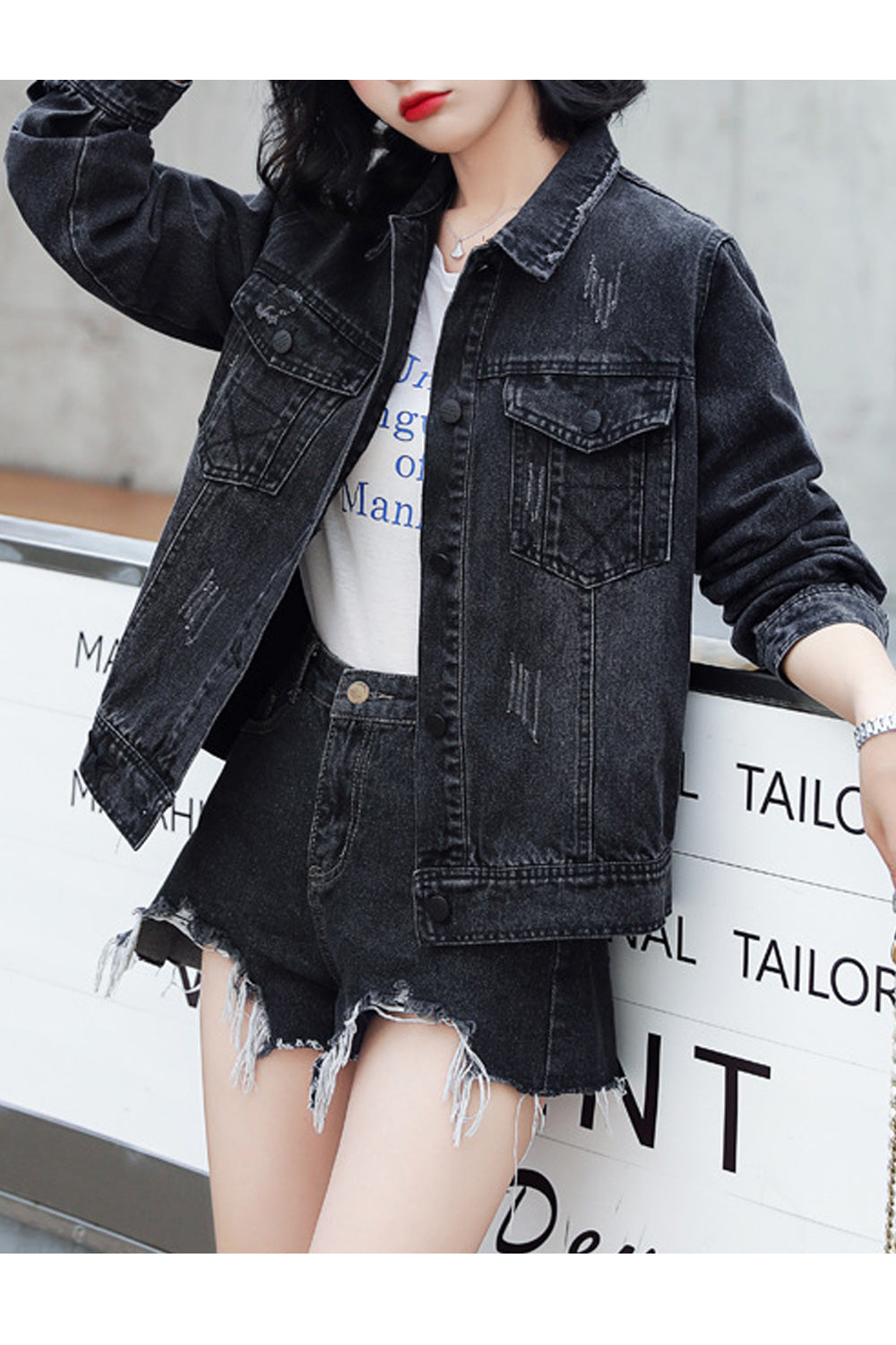 Women Breathable Loose Long Sleeve Modern Collar Neck Tremendous Denim Jacket