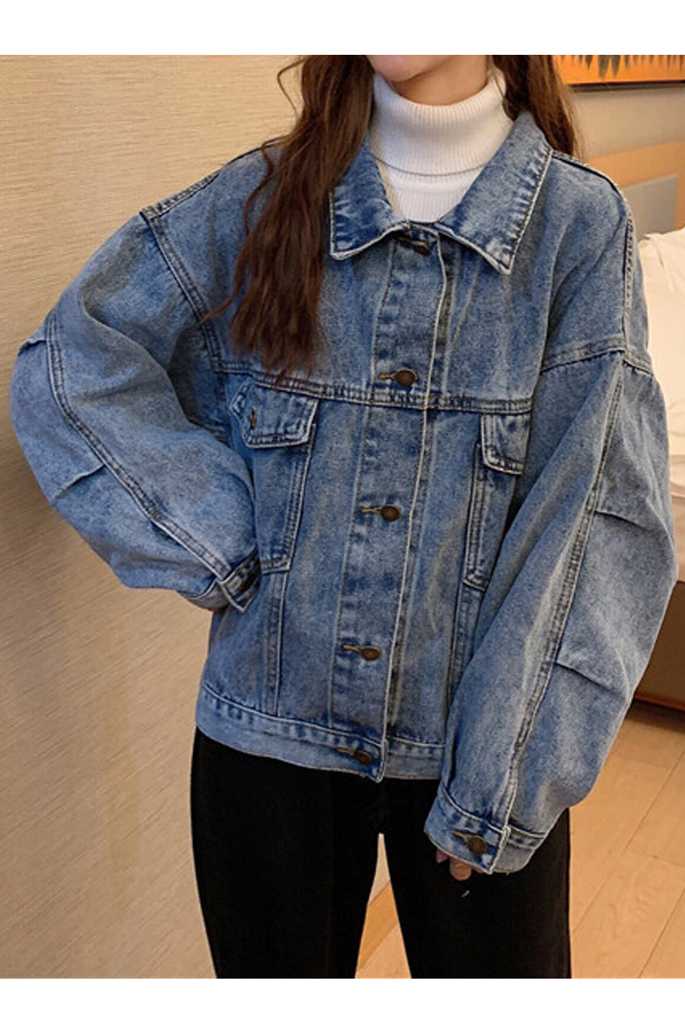 Women Breathable Loose Long Sleeve Collar Neck Wonderful Denim Jacket