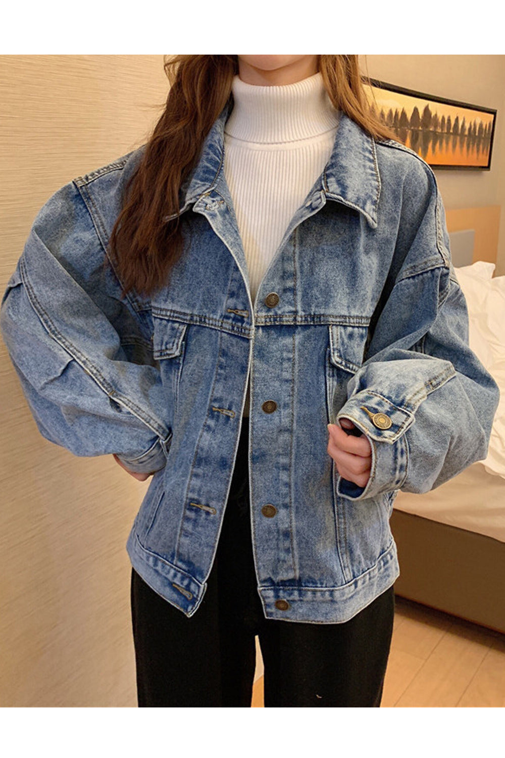 Women Breathable Loose Long Sleeve Collar Neck Wonderful Denim Jacket