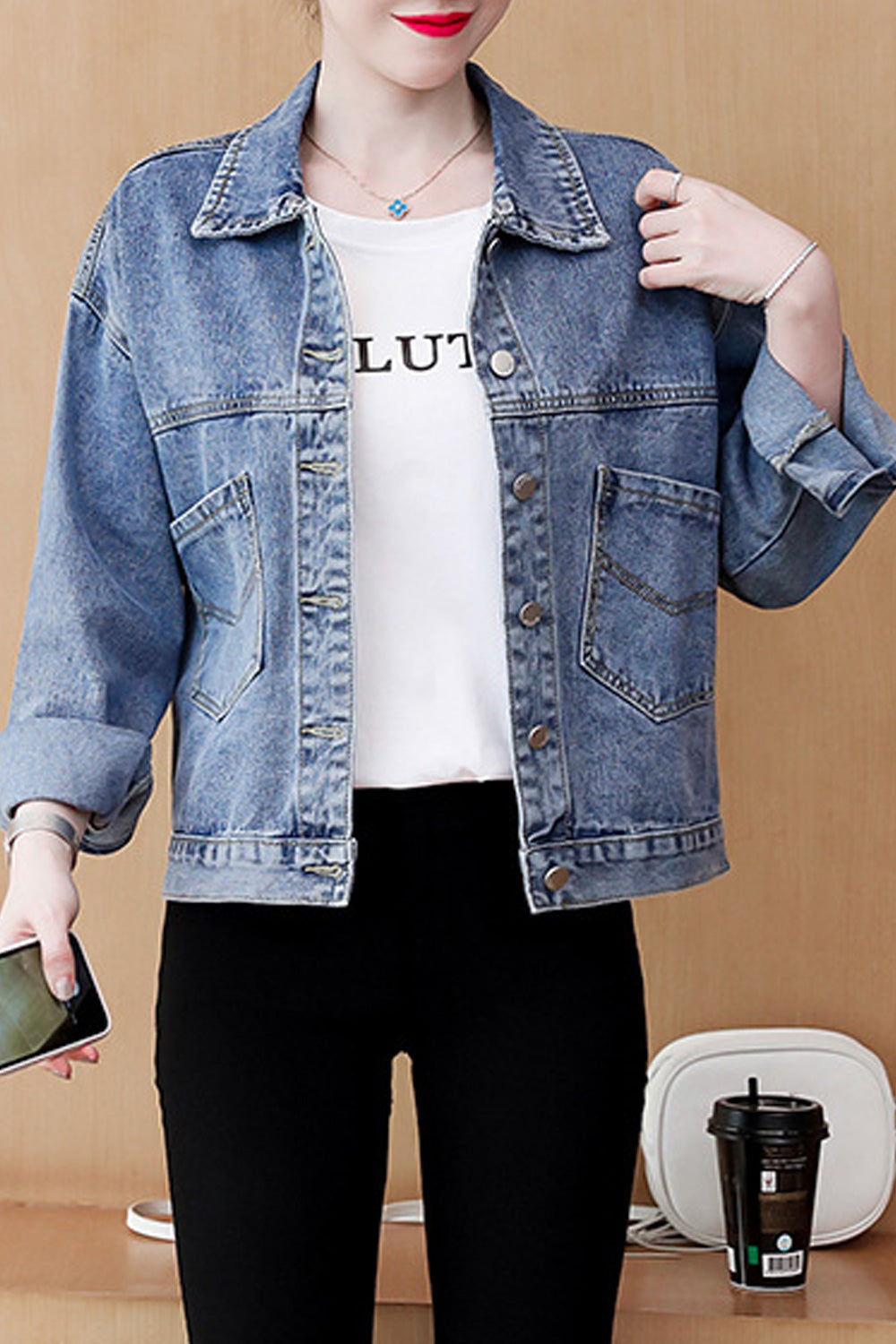 Women Loose Breathable Long Sleeve Fashionable Letter Pattern Hood Neck Denim Jacket