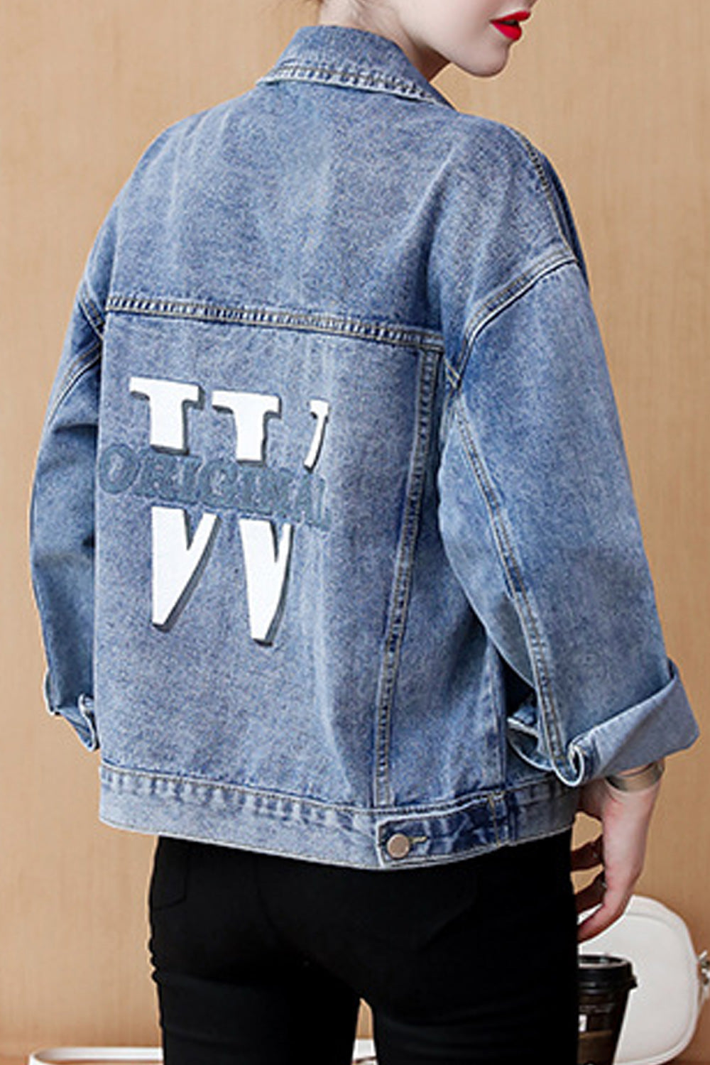 Women Loose Breathable Long Sleeve Fashionable Letter Pattern Hood Neck Denim Jacket