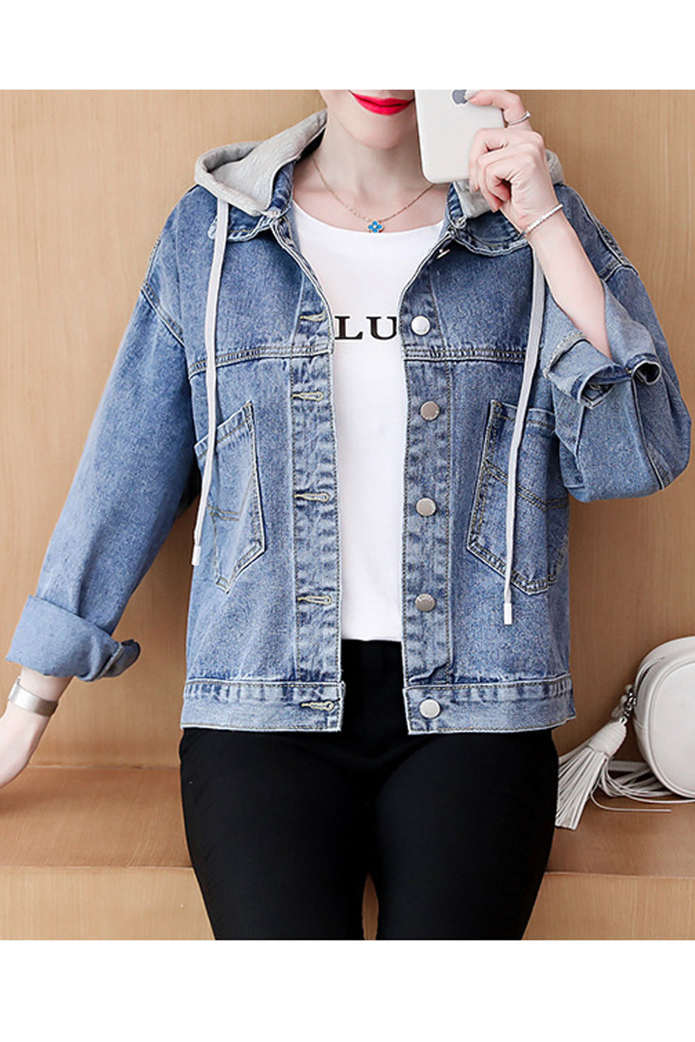 Women Loose Breathable Long Sleeve Fashionable Letter Pattern Hood Neck Denim Jacket