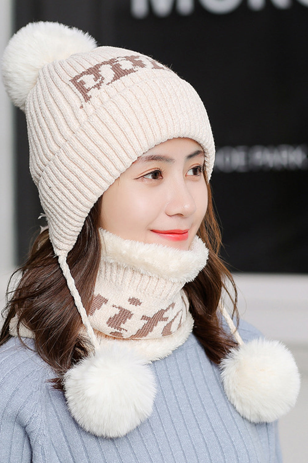 Women Letter Printed Hair Ball Attached Ear Protection Knitted Hat