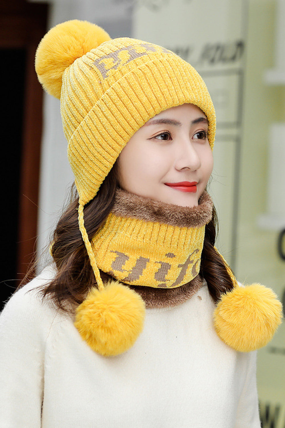 Women Letter Printed Hair Ball Attached Ear Protection Knitted Hat