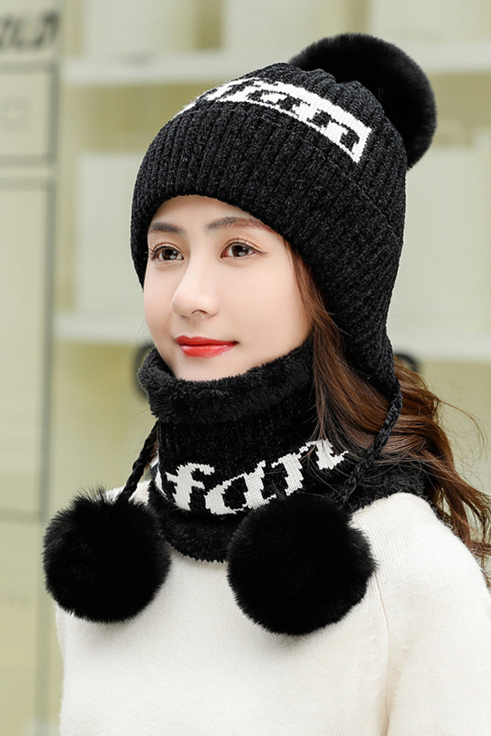 Women Letter Printed Hair Ball Attached Ear Protection Knitted Hat