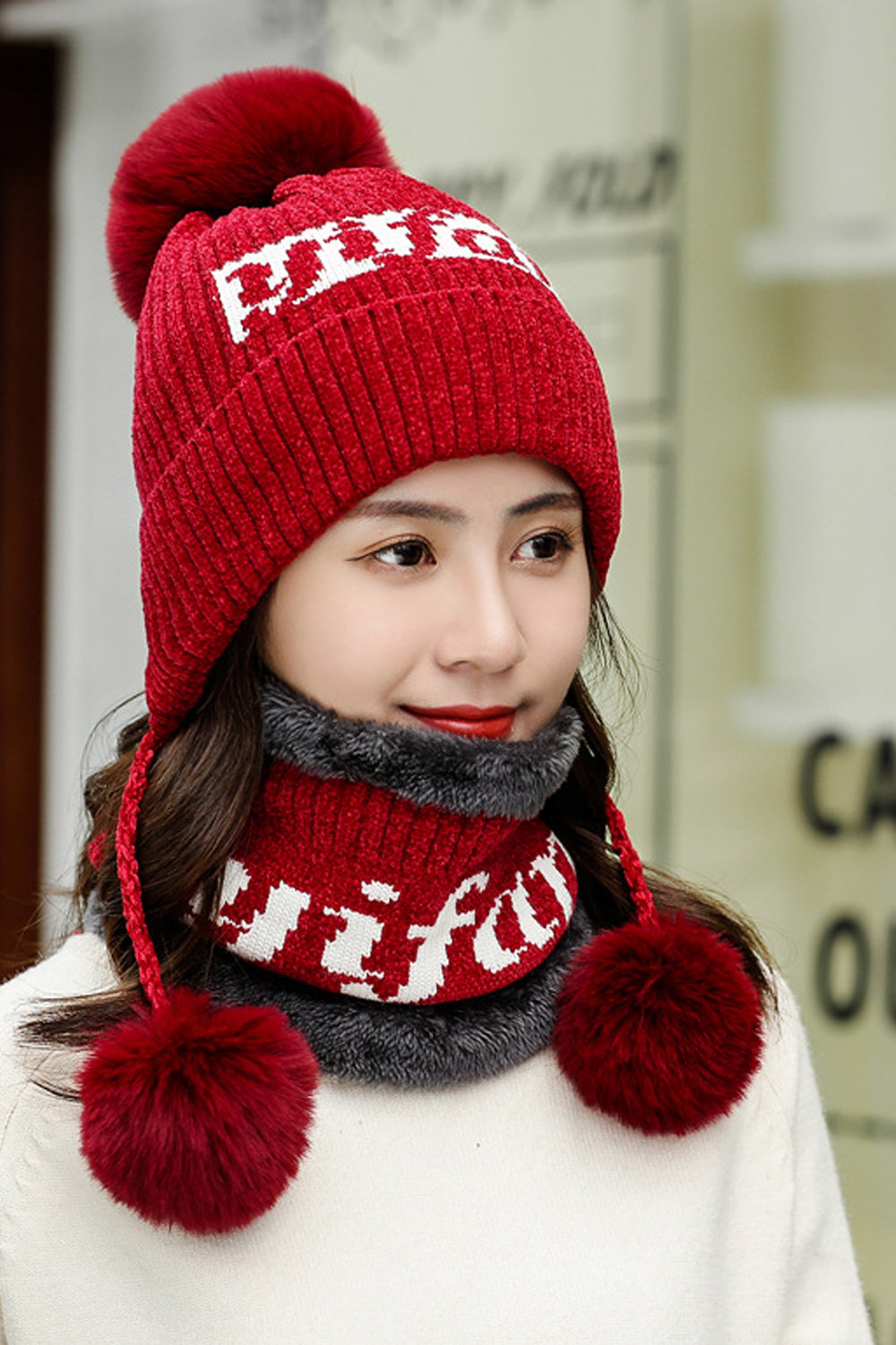 Women Letter Printed Hair Ball Attached Ear Protection Knitted Hat
