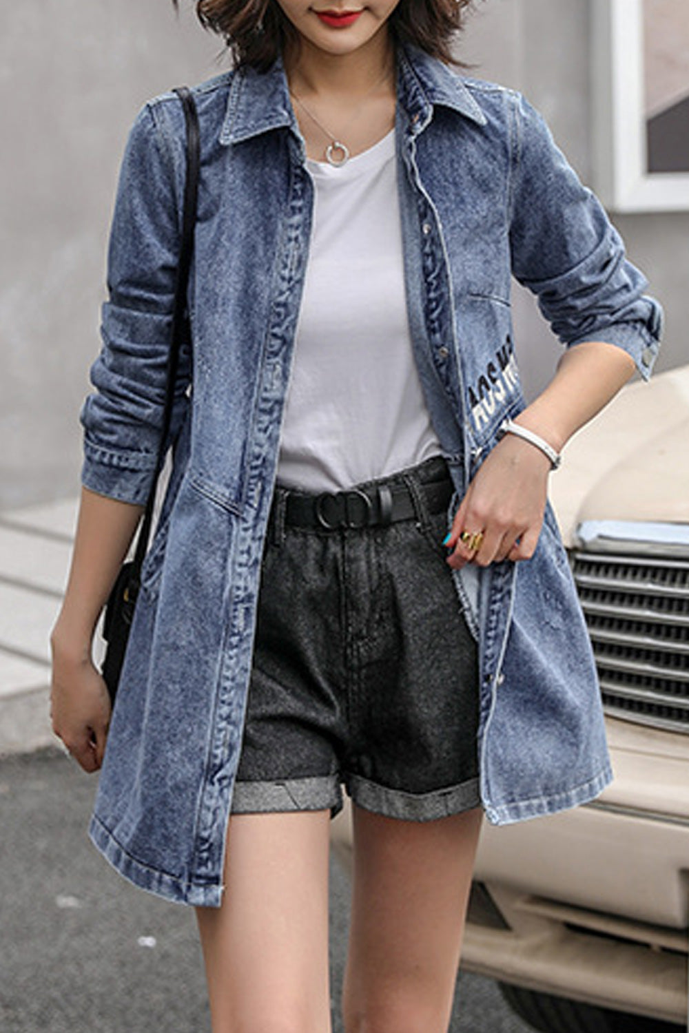 Women Collar Neck Fantastic Long Sleeve Mid Length Breathable Denim Jacket