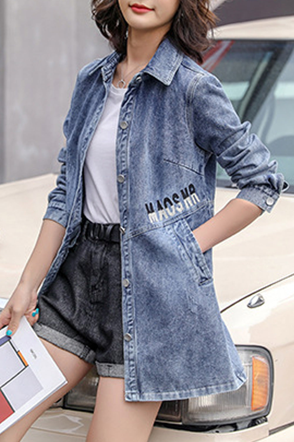 Women Collar Neck Fantastic Long Sleeve Mid Length Breathable Denim Jacket