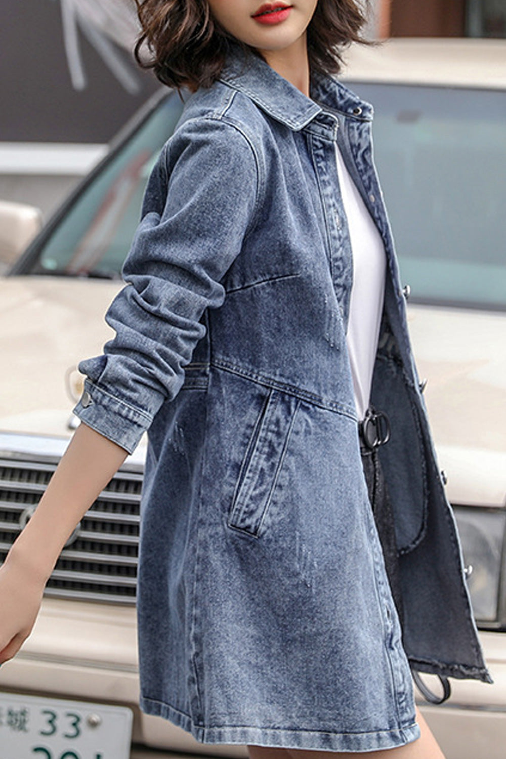 Women Collar Neck Fantastic Long Sleeve Mid Length Breathable Denim Jacket