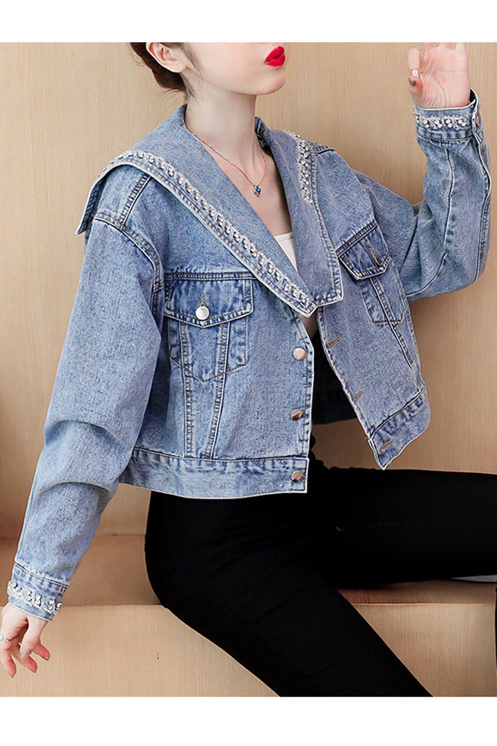 Women Decent Solid Colored Long Sleeve Modish Fabulous Pocket Styled Classy Denim Jacket