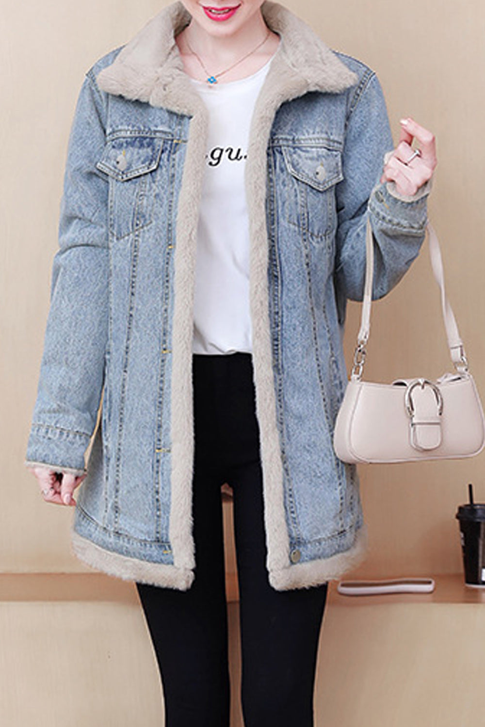 Women Fluffy Collar Neck Tie Waist Long Sleeve Mid Length Wind Protection Denim Jacket
