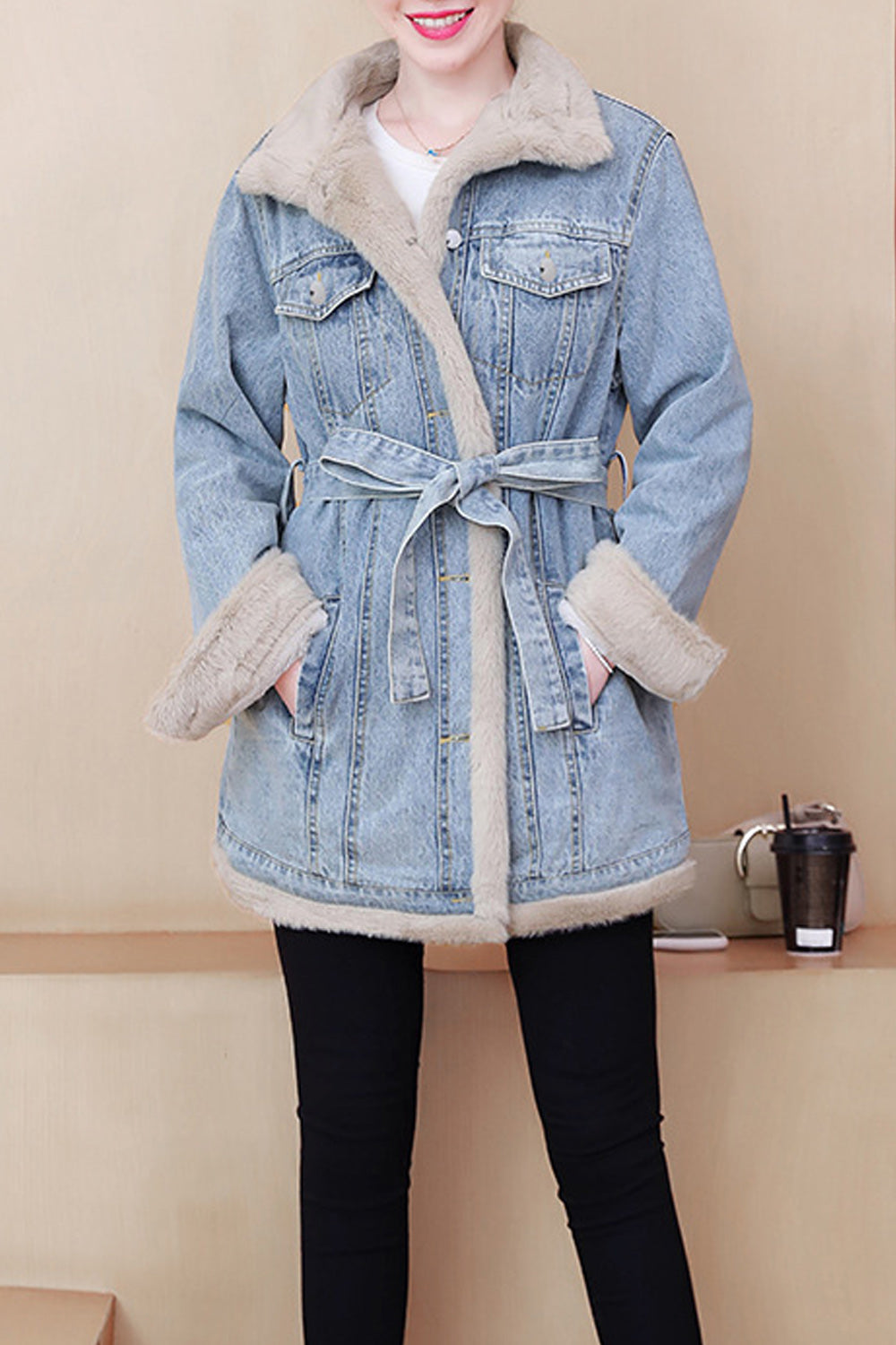 Women Fluffy Collar Neck Tie Waist Long Sleeve Mid Length Wind Protection Denim Jacket