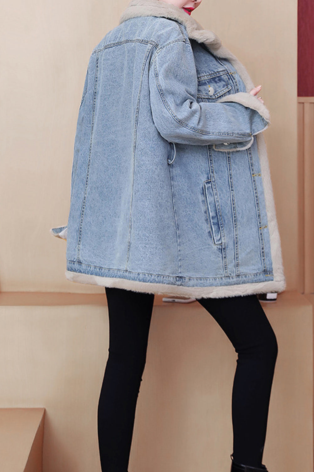 Women Fluffy Collar Neck Tie Waist Long Sleeve Mid Length Wind Protection Denim Jacket