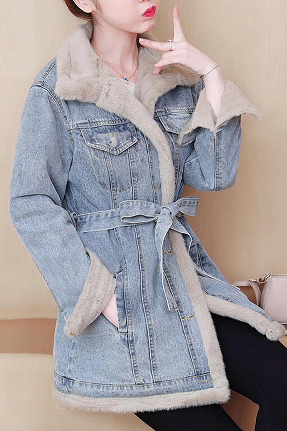 Women Fluffy Collar Neck Tie Waist Long Sleeve Mid Length Wind Protection Denim Jacket