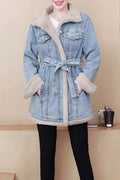 Women Fluffy Collar Neck Tie Waist Long Sleeve Mid Length Wind Protection Denim Jacket
